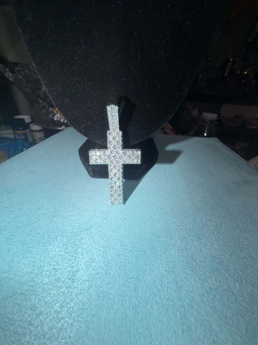 Reverse setting cross pendant ice cz stones thermal infused 14k over brass